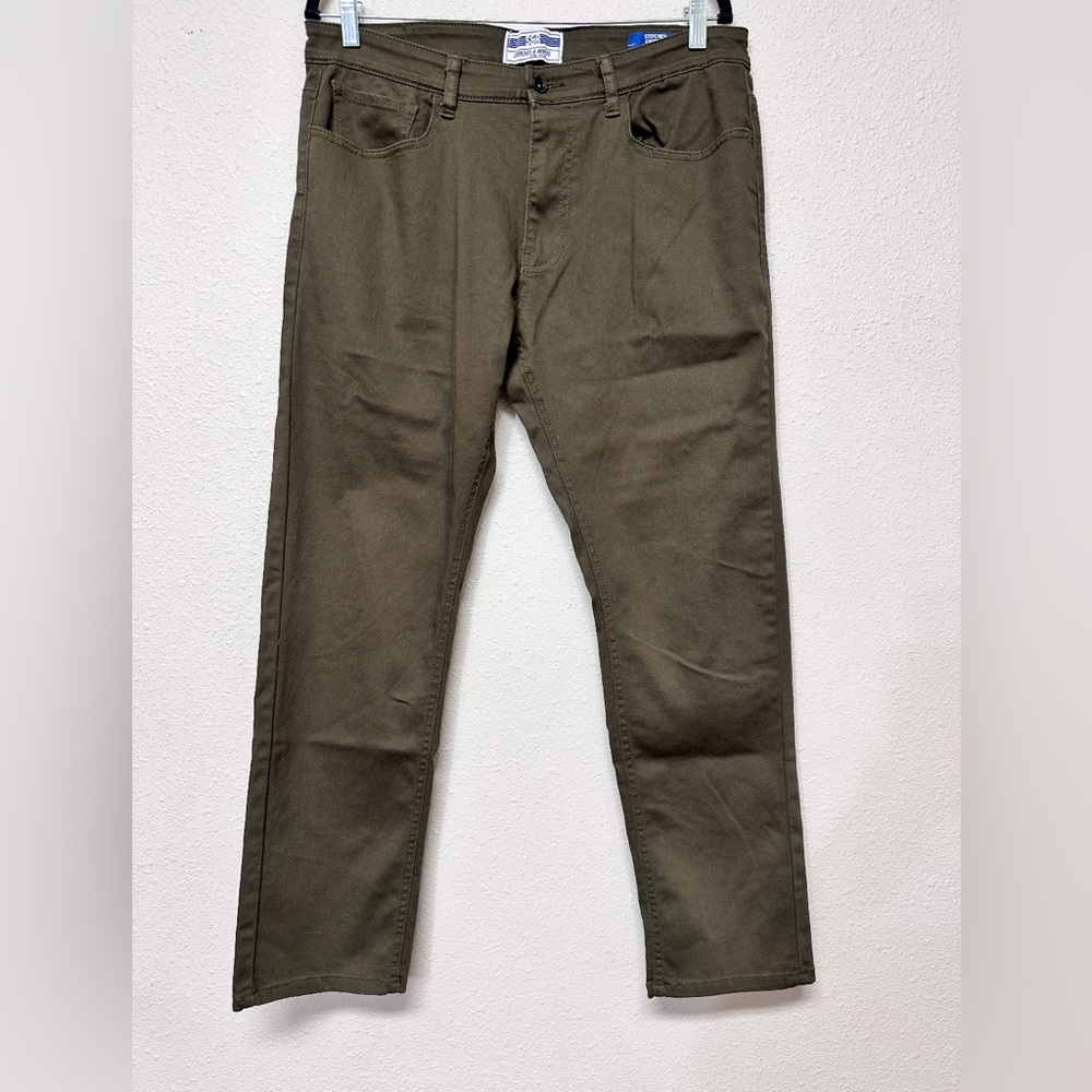 Stitches & Rivets Mens Pants Slim Fit Tan Chino Army Green Size 34/30
